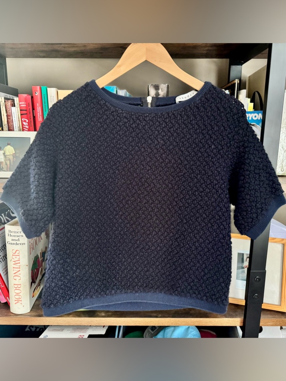 Sandro Navy Textured Short-Sleeve Crew Sweater